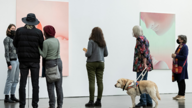 Foto: Kunsthalle Düsseldorf Mehrere Personen (u.a. mit Blindenhund) betrachten ein Bild.