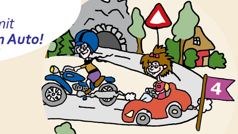 Zeichnung von Handpuppe Nina mit einem roten Auto, die ein Motorrad überholt