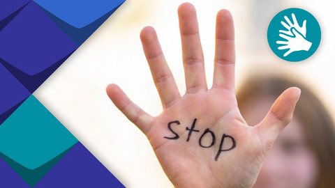 Die Frau zeigt Hand "STOP"