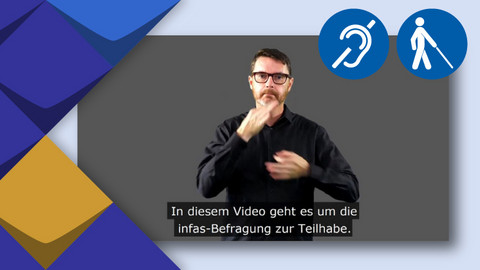 Ein Standbild aus einem DGS-Video zeigt einen Gebärdendozenten im Vordergrund, der die Gebärde für "Befragung" ausführt. An beiden Händen hält er Daumen und Zeigefinger zusammen, die rechte Hand auf Kinnhöhe und linke Hand auf Brusthöhe. 
