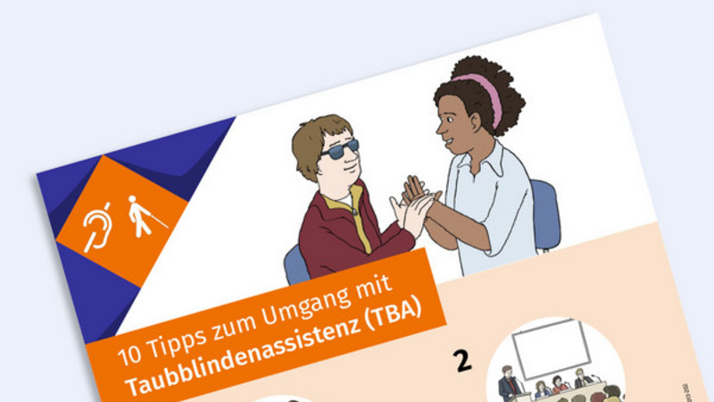 Ausschnitt eines Plakats in der Hauptfarbe orange mit zehn runden grafischen Illustrationen und dem Titel "10 Tipps zum Umgang mit Taubblindenassistenz"