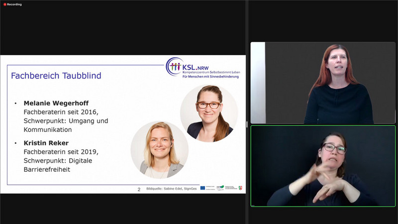 Screenshot vom Zoom-Vortrag mit Präsentation und Dolmetschung