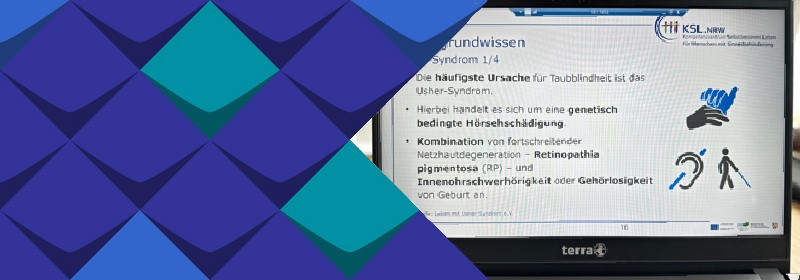 Eine Präsentationsfolie am Laptop zum Thema Usher-Syndrom