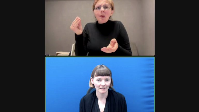 Screenshot aus dem Webinar mit Referentin Lela Finkbeiner und Dolmetscherin