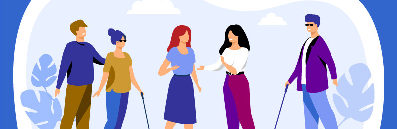 Illustration einer Gruppe von Menschen mit verschiedenen Sinnesbehinderungen.