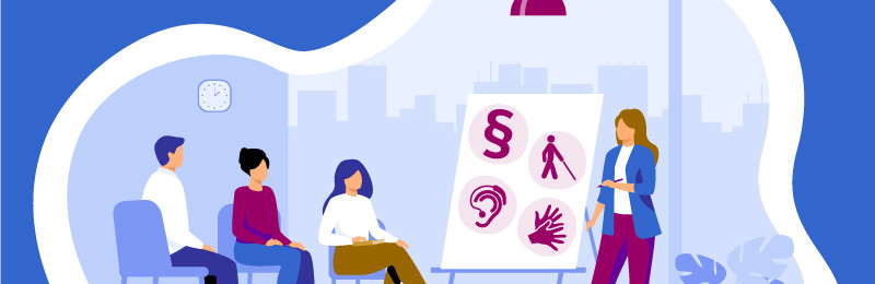 Illustration einer Schulungsgruppe. An einem Flipchart mit Symbolen zu Sinnesbehinderungen steht eine vortragende Person.