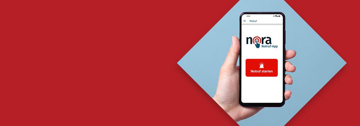 Eine Hand hält ein Smartphone. Auf dem Display ist die Notruf-App "nora" zu sehen und der Button " Notruf starten".