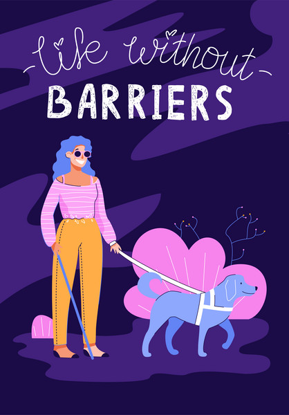 Text: "life without barriers" zu deutsch: Leben ohne Barrieren. Blinde Frau mit Blindenführhund. Abstrakte Grafik.