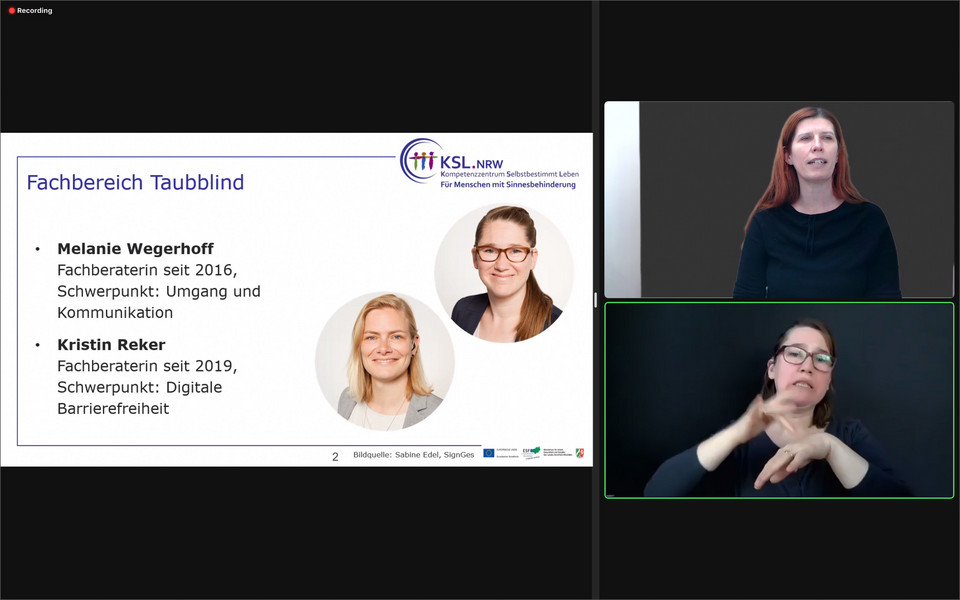 Screenshot vom Zoom-Vortrag mit Präsentation und Dolmetschung