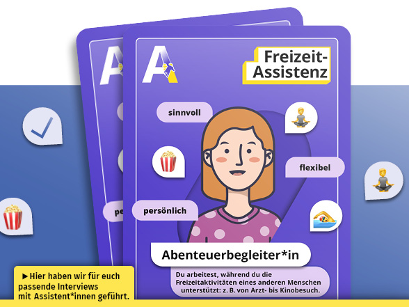 Eine Spielkarte mit einer Freizeitassistentin. Der/die Abenteuerbegleiter*in. Icon von Popcorn, Yoga und schwimmen.