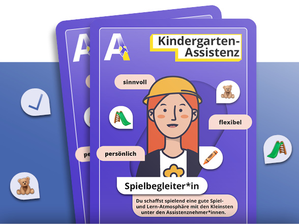 Eie Spielkarte mit einer Kindergartenassitentin. Der/die Spielbegleiter*in. Icn von Tedy, Rutsche und Buntstift