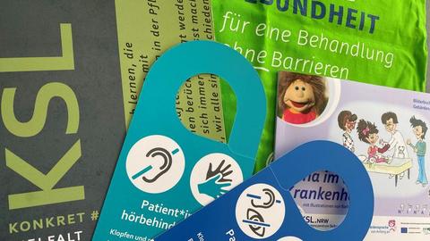 Praxishandbuch, Türanhänger, Tasche "Inklusive Gesundheit und Buch "Nina im Krankenhaus" sind dargestellt.